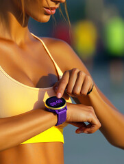 A close-up of a person adjusting a fitness watch while wearing athletic attire, illuminated by sunlight.