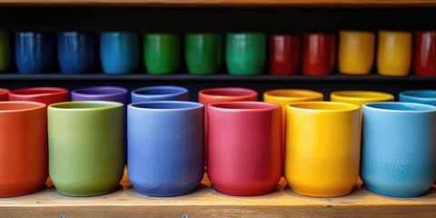 A collection of colorful ceramic mugs arranged in a row on a wooden shelf, with a variety of vibrant hues including red, blue, green, yellow, and purple.