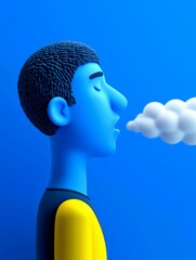 A stylized blue character exhales a cloud of steam against a bright blue background, conveying a sense of calmness and relaxation.