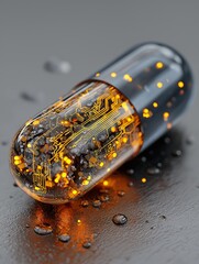 A futuristic capsule filled with glowing circuitry and particles, set against a reflective surface, symbolizing technology and innovation in medicine.