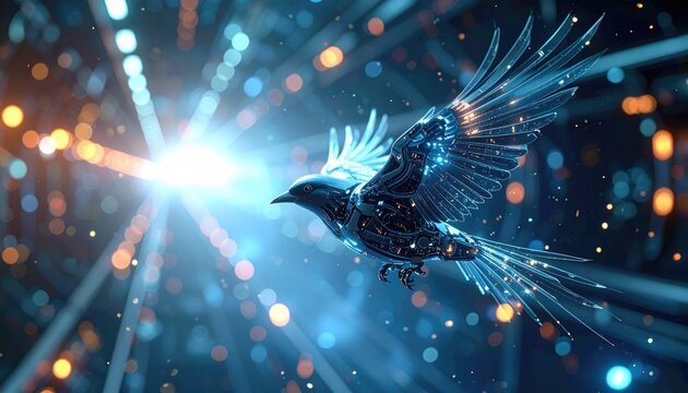 Digital bird composed of glowing blue particles and lights soaring through a dark futuristic tunnel with bokeh effects and bright light source. - Powered by Adobe