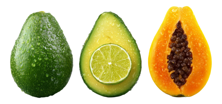 Three Fresh Fruits with Water Droplets on Isolated Transparent Background