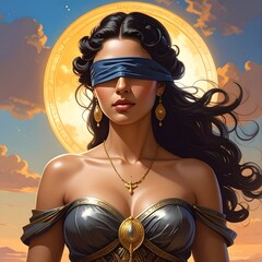 Portrait of a woman with a blue blindfold, ornate jewelry, and golden sun background