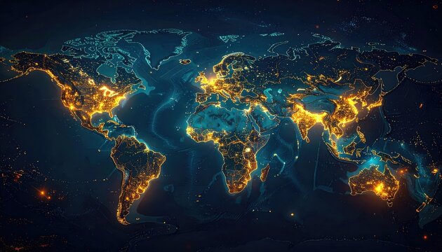 Digital glowing world map with bright orange and teal lights representing cities and data networks on a dark abstract background - Powered by Adobe