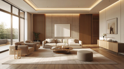 Living room scene with elegant white furniture expressive wall art and soft ivory tones blends modern artistic elements interior design wallpaper background