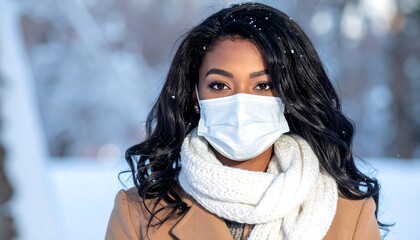 Portrait of a woman with a face mask in winter, surrounded by snow-covered trees
