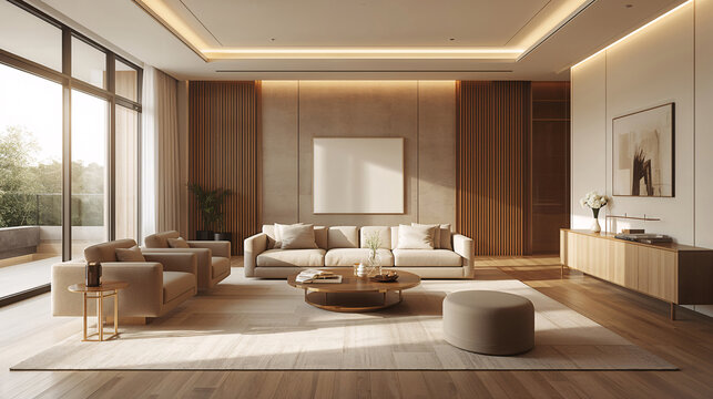 Living room scene with elegant white furniture expressive wall art and soft ivory tones blends modern artistic elements interior design wallpaper background