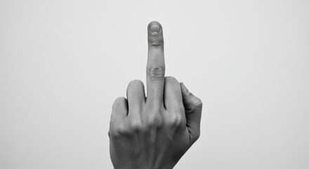 Monochrome image of a hand gesture with the middle finger raised in defiance