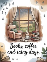 Cozy design with the quote Books, coffee, and rainy days