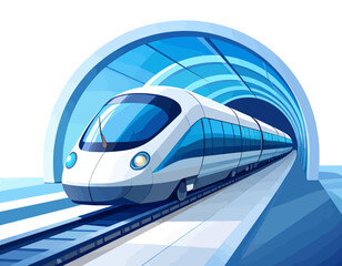 Obraz premium Modern high-speed train with blue accents emerging from a futuristic tunnel on tracks, illustrating advanced transportation.