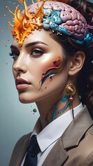 Portrait of a woman with artistic embellishments, portraying brain and creative thought processes