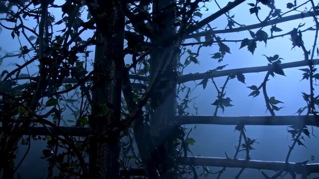 Mysterious Garden Vines and Wooden Structure Creating a Dreamlike Atmosphere