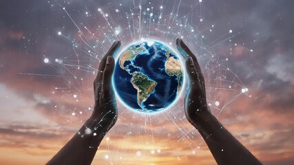 Global connectivity hands embracing a glowing Earth with data streams against a vibrant sky - Powered by Adobe