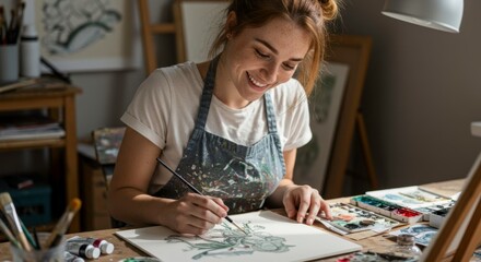 Smiling young woman artist painting a floral design in her art studio, creative hobby concept