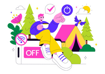Digital Detox Retreat Illustration Featuring Turning Off Smartphones While Practicing Mindfulness, Reducing Screen Time, And Enjoying Tech Free Zones