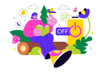 Digital Detox Retreat Illustration Featuring Turning Off Smartphones While Practicing Mindfulness, Reducing Screen Time, And Enjoying Tech Free Zones