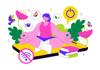 Digital Detox Retreat Illustration Featuring Turning Off Smartphones While Practicing Mindfulness, Reducing Screen Time, And Enjoying Tech Free Zones