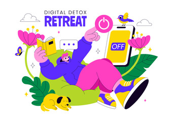 Digital Detox Retreat Illustration Featuring Turning Off Smartphones While Practicing Mindfulness, Reducing Screen Time, And Enjoying Tech Free Zones