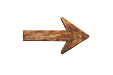 Rustic wooden arrow pointing right isolated on transparent background, showcasing natural texture and direction with a vintage and handcrafted aesthetic