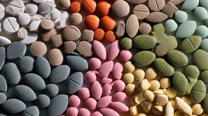 A variety of colorful pills and tablets arranged in a grid pattern on a colorful background.