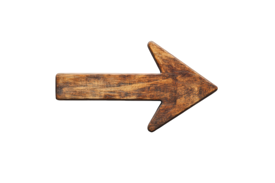Rustic wooden arrow pointing right isolated on transparent background, showcasing natural texture and direction with a vintage and handcrafted aesthetic - Powered by Adobe