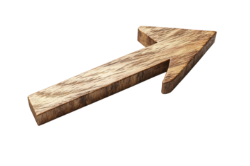 Wooden arrow isolated on transparent background pointing to the upper right direction, symbolizing growth, progress, and forward movement in a rustic and natural style