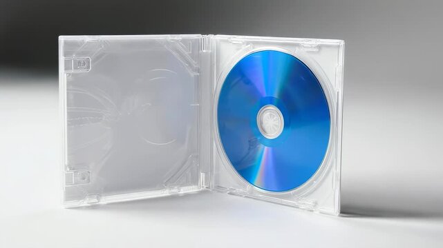 An open clear plastic CD jewel case displaying a vibrant blue compact disc, set against a bright studio background