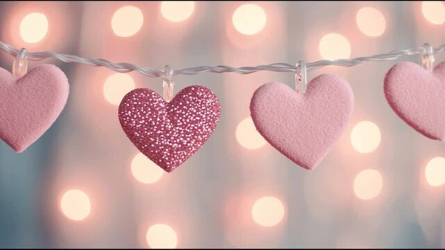 Pink felt hearts hanging on string fairy lights creating a romantic background with soft bokeh, suitable for valentine day celebration.