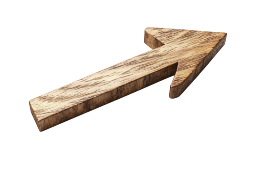 Wooden arrow isolated on transparent background pointing to the upper right direction, symbolizing growth, progress, and forward movement in a rustic and natural style