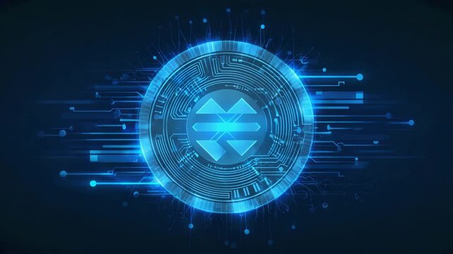 3D rotating futuristic crypto token in blue digital environment, blockchain and finance animation.
