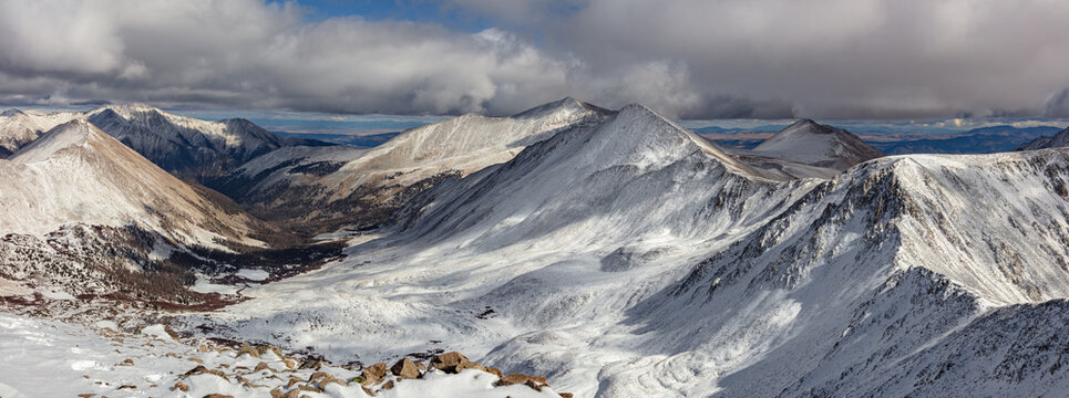 This Sawatch Range mountain panorama features the magnificent snow-covered rock glacier flowing from 13er Cronin Peak.  