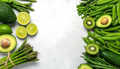 Fresh Green Vegetables and Fruits on a White Background.