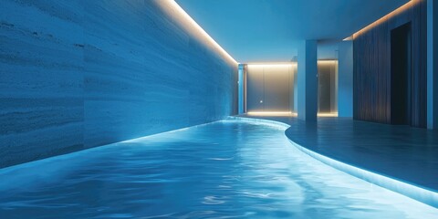 A sleek, modern indoor pool with blue lighting and a smooth, curved floor.