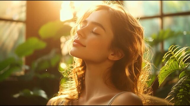 Peaceful woman enjoying sunlight with closed eyes surrounded by green plants, concept of mindfulness, relaxation, and natural beauty  