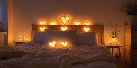 A cozy bedroom with a wooden headboard adorned with heart-shaped lights, a bed with white bedding, and a nightstand with candles and a plant.