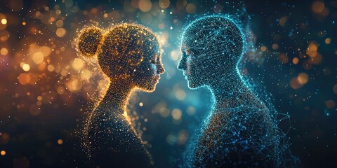 Two human figures, one male and one female, facing each other with a blurred background of orange and blue lights, creating a sense of depth and focus on the figures.