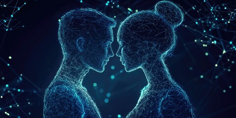 Two human figures, one male and one female, facing each other with their heads close together, set against a dark, abstract background with a network of lines and dots.