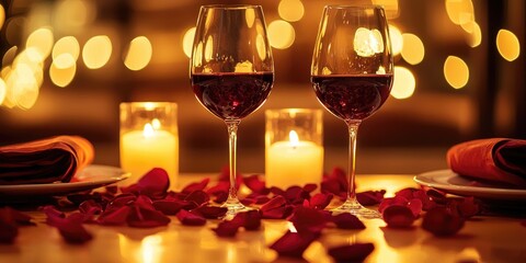 Two wine glasses filled with red wine, placed on a table with red rose petals and lit candles, set against a warm, dimly lit background.
