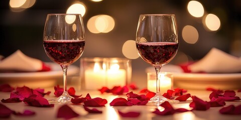 Two wine glasses filled with red wine, placed on a table with red rose petals and candles, set against a blurred background of lights.