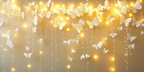 A decorative installation of white paper butterflies hanging from strings with glowing lights, against a beige background.
