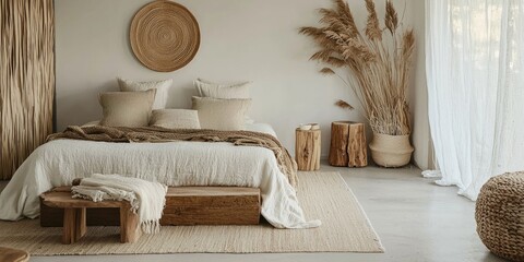 A serene bedroom with a wooden bed, natural textiles, and a large round woven basket on the wall.