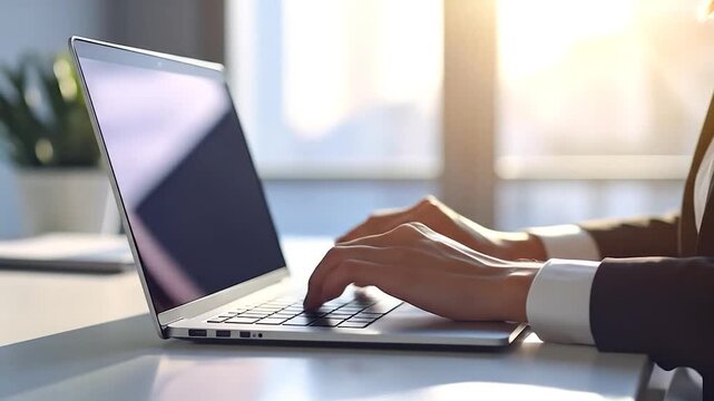 Professional's hands typing on a modern laptop keyboard, bathed in warm sunlight from a bright window