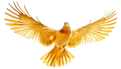A golden dove in midflight, isolated on transparent background, wings spread wide, symbolizing peace, freedom, and hope, ideal for spiritual or inspirational themes