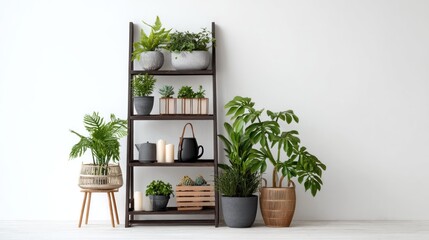 A wooden shelf with various houseplants and decorative items, against a white wall with a minimalist design.