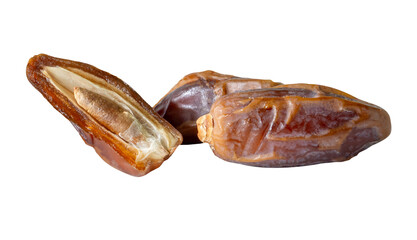 Ripe dried date palm fruits witth half in stack isolated with clipping path. in png file format Concept of iftar food in Ramadan month for Muslims