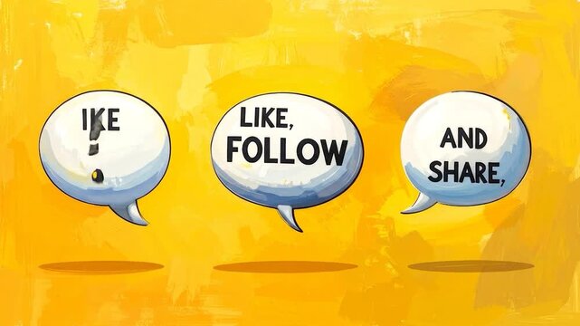 Three white speech bubbles with 'LIKE, FOLLOW, AND SHARE' text against a vibrant textured yellow background