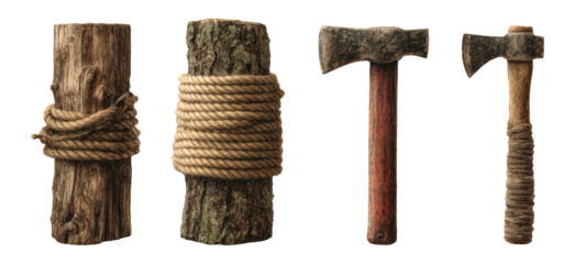 Rustic Wooden Logs with Rope and Axe on Transparent Background for Art and Design