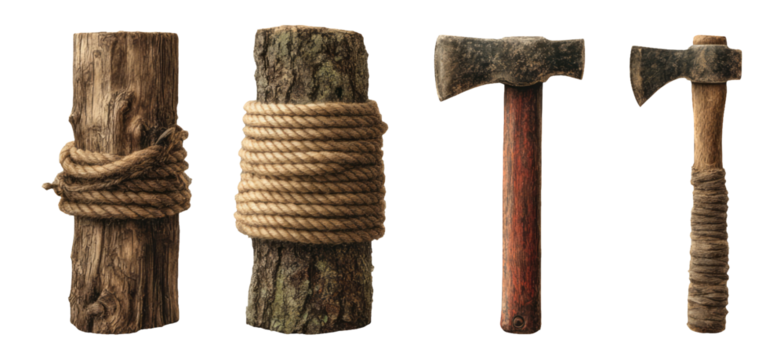 Rustic Wooden Logs with Rope and Axe on Transparent Background for Art and Design