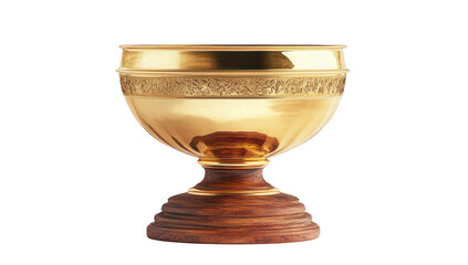 A gleaming golden chalice, isolated on transparent background, featuring intricate detailing and a sturdy wooden base, evokes a sense of timeless elegance and prestige