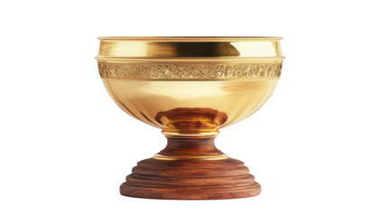 A gleaming golden chalice, isolated on transparent background, featuring intricate detailing and a sturdy wooden base, evokes a sense of timeless elegance and prestige